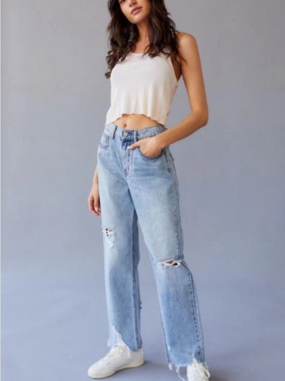 BDG Light Wash High-Rise Straight Jeans with Knee Distressing